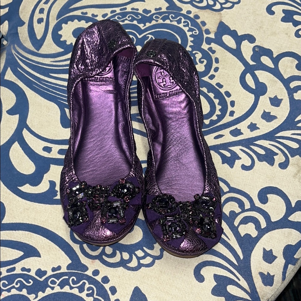 Tory Burch Metallic Purple Flats with Black Embellishments